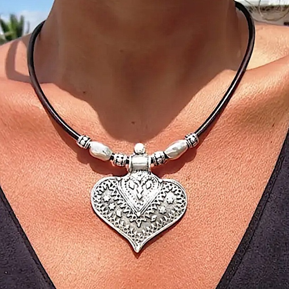 Boho Silver Statement Heart Necklace